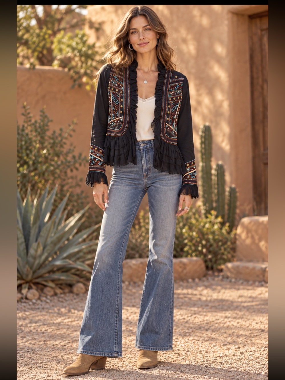 Love Sam Vannes Embroidered Beaded Boho Ruffle Jacket
Black XS